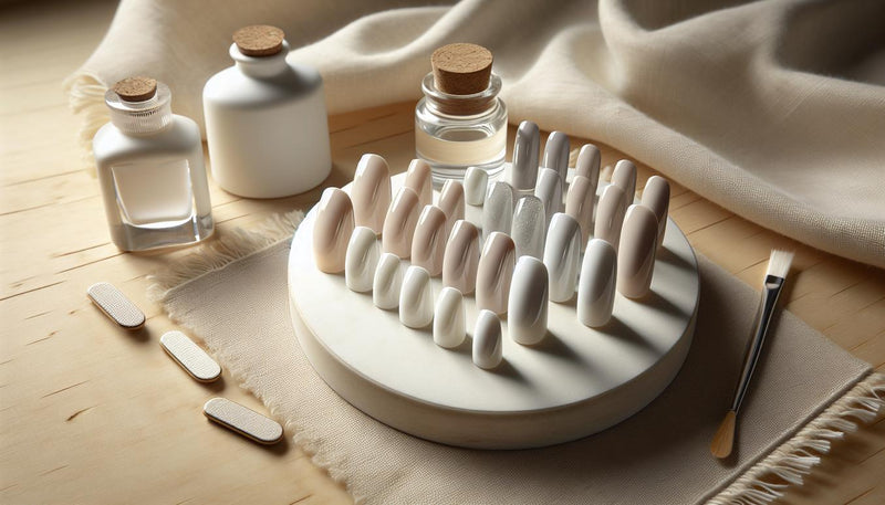 Nahaufnahme von sorgfältig arrangierten weißen Gelnägeln (Full White & milchiges Weiß) auf Keramikdisplay mit Glas-Tiegel, Glasfeile und Nagelöl vor hellem Birkenholz