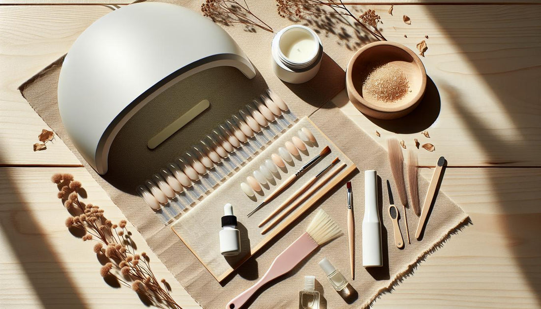 Minimalistisches Flatlay mit weißen Gelnägeln, UV/LED-Lampe, pinkem Pinsel und Nagelöl auf hellem Holz und Leinen.