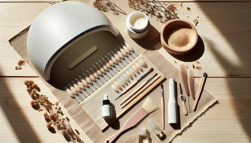 Minimalistisches Flatlay mit weißen Gelnägeln, UV/LED-Lampe, pinkem Pinsel und Nagelöl auf hellem Holz und Leinen.