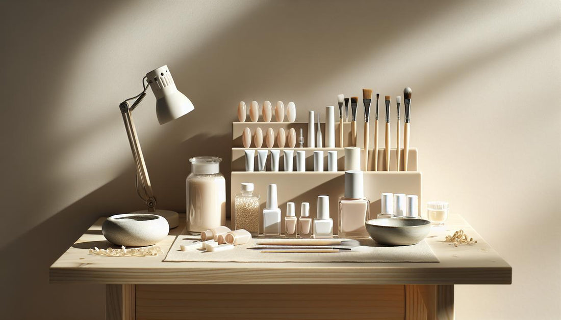 Minimalistische Nagel-Workstation mit weißen Gelnägeln gelb, LED-Lampe, feinen Pinseln, offenen Gel-Tiegeln und Glitzerfläschchen auf hellem Holz.
