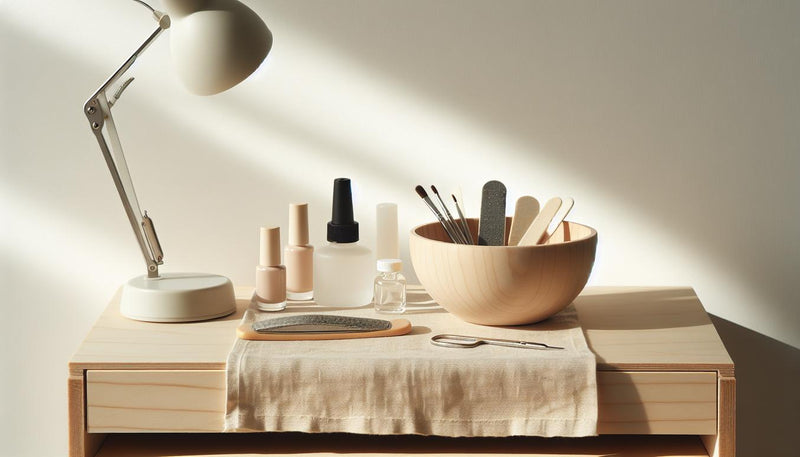 Minimalistische Nahaufnahme einer Maniküre-Station mit LED-Lampe, offenes UV-Gel, dünne weiße Gel-Fläschchen, Feile und Pinsel auf hellem Birkenholz – weiße gelnägel
