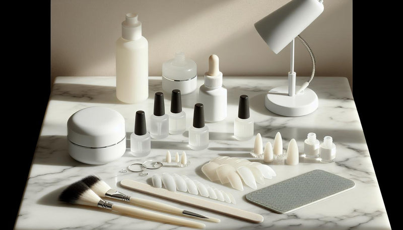 Minimalistische Nahaufnahme von weißen Gelnägeln und Nagelwerkzeugen auf hellem Marmor, weiches Tageslicht, dezente pinke Blütenblätter – weiße gelnägel im Fokus