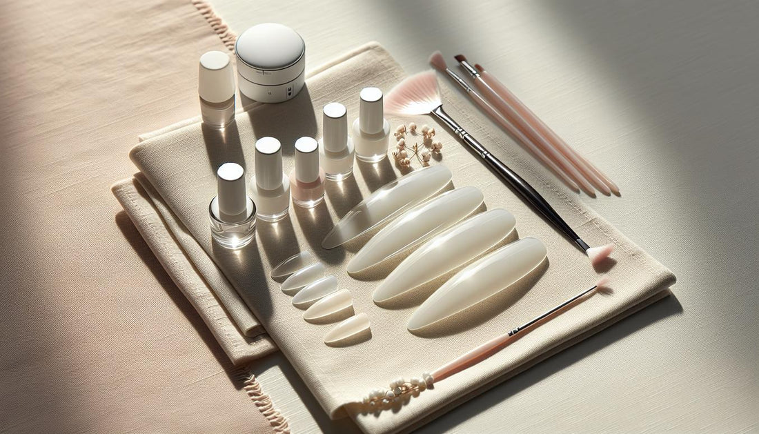 Nahaufnahme sauberer weiße gelnägel Tips ohne Hände auf hellem Holz, mit UV-LED-Lampe, dünnem Pinsel, Top Coat-Flasche und Microfasertuch in minimalistischem, hellem Setting.