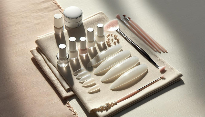 Nahaufnahme sauberer weiße gelnägel Tips ohne Hände auf hellem Holz, mit UV-LED-Lampe, dünnem Pinsel, Top Coat-Flasche und Microfasertuch in minimalistischem, hellem Setting.