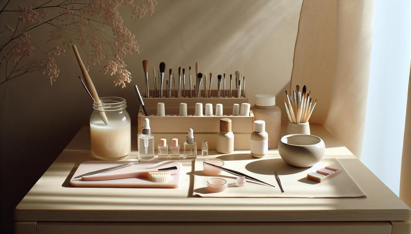 Minimalistische Nahaufnahme einer Nagel‑Station mit offenem UV‑Gel, geordneten Gel‑Fläschchen, Keramikschale und dezentem Pinkakzent – weiße gelnägel