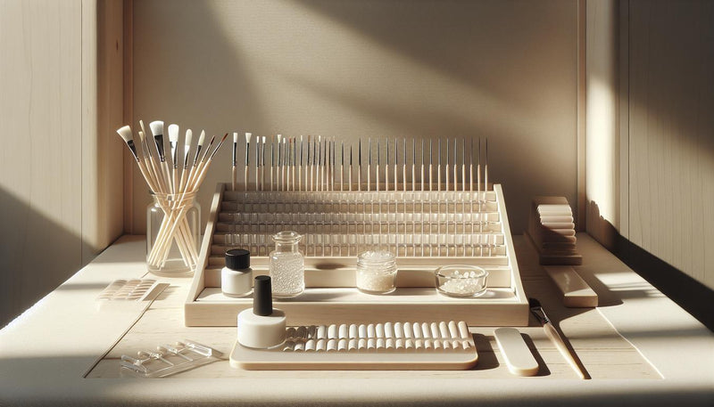 Nahaufnahme einer stilvollen, minimalistischen Nagel-Workstation mit milchweißen Gel-Farbproben, vorbuffed Tips, Pinsel, kleinen Glas­fläschchen, kompakter UV-Lampe und Leinenhintergrund – weiße gelnägel.