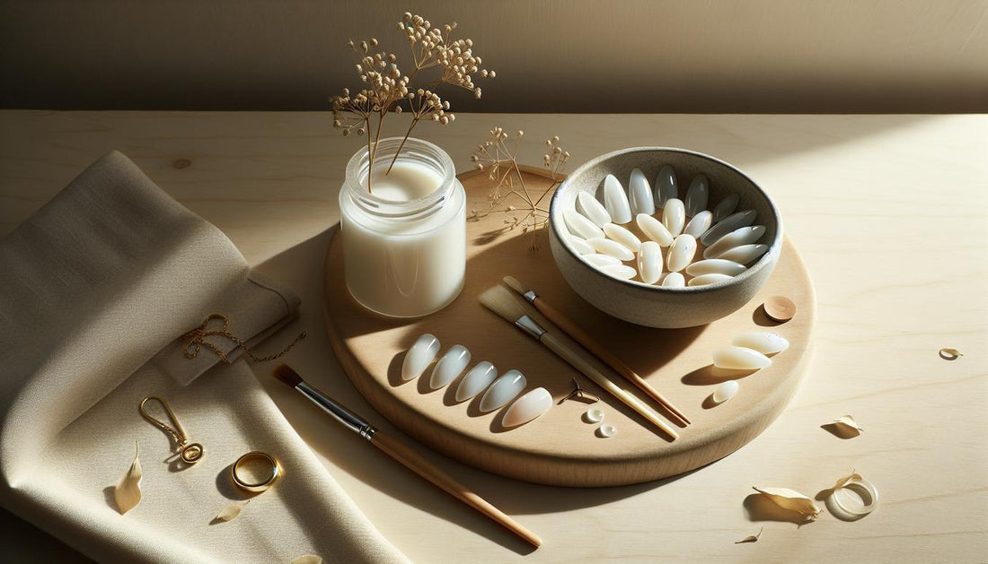 Minimalistisches Stillleben mit almond‑förmigen weißen nägeln auf Nageltips in Keramikschale auf hellem Holz, offener Gel‑Tiegel, feiner Pinsel und dezente goldene Accessoires