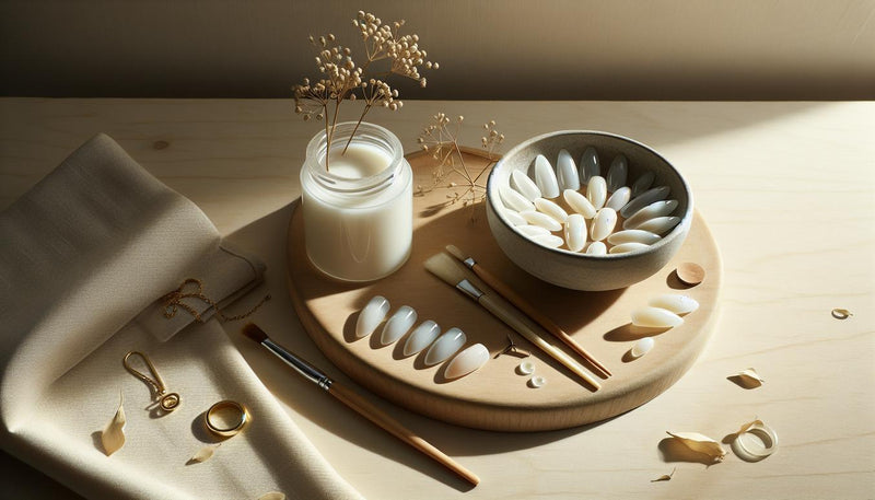 Minimalistisches Stillleben mit almond‑förmigen weißen nägeln auf Nageltips in Keramikschale auf hellem Holz, offener Gel‑Tiegel, feiner Pinsel und dezente goldene Accessoires