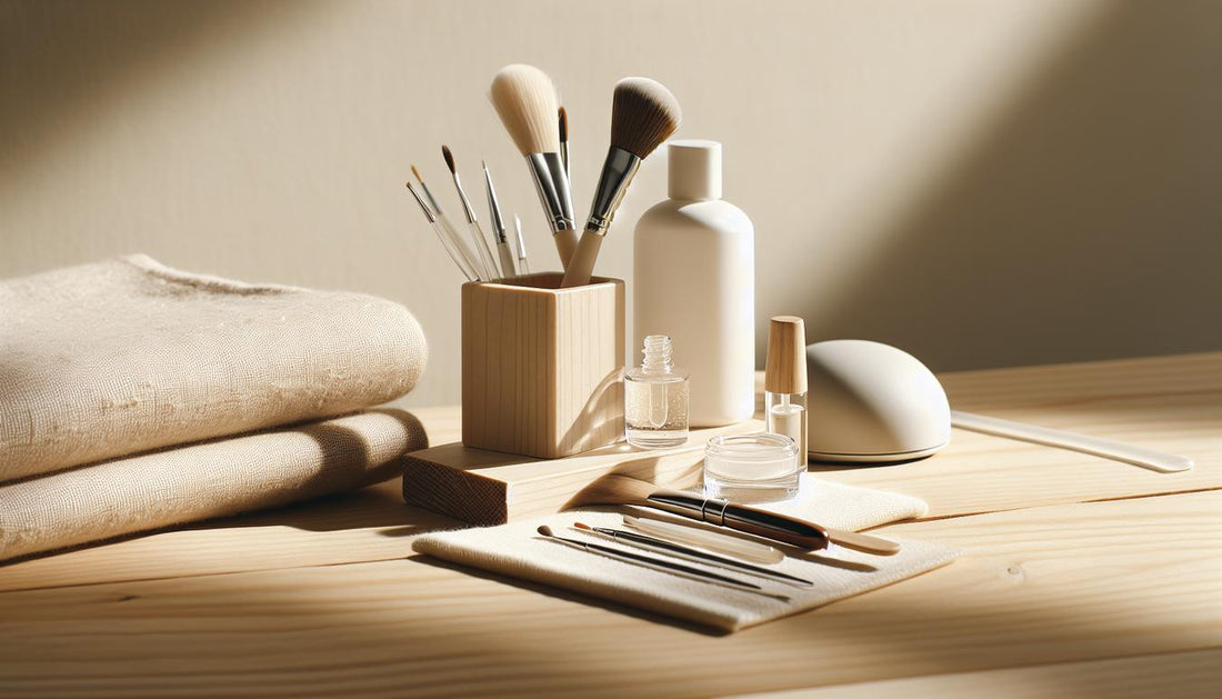Minimalistischer, aufgeräumter Maniküre-Arbeitsplatz mit klarer Base-Flasche, weißer UV-Gel-Tube, feinen Pinseln, kleiner UV-Lampe und Nagelöl auf hellem Leinen – weiße Nägel.