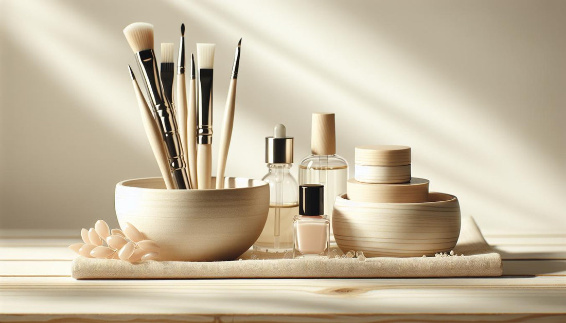 Saubere Nagelablage mit geöffnetem unbranded Gel-Starter-Kit, Nagelöl und Werkzeug auf hellem Holz – minimalistisches Set für weiße Nägel mit dezenten Pink- und Schwarz-Akzenten.