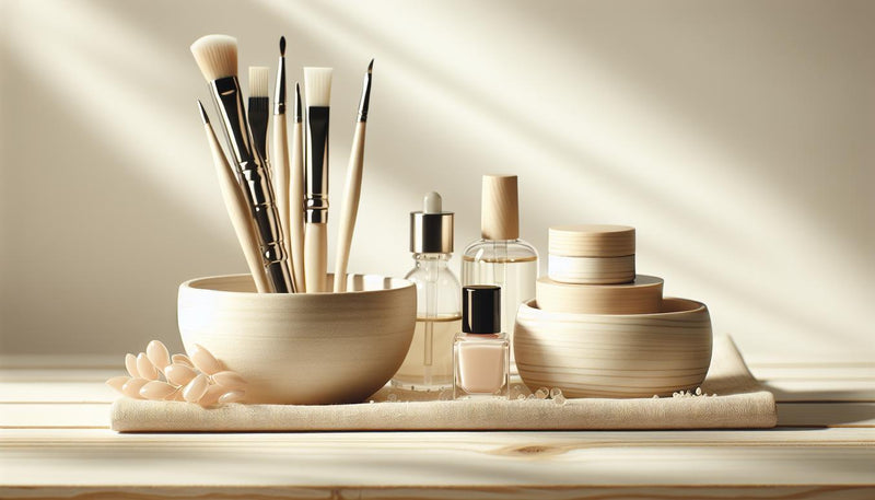 Saubere Nagelablage mit geöffnetem unbranded Gel-Starter-Kit, Nagelöl und Werkzeug auf hellem Holz – minimalistisches Set für weiße Nägel mit dezenten Pink- und Schwarz-Akzenten.