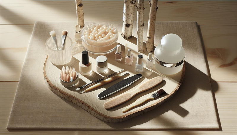 Aufgeräumte Nagel‑Arbeitsfläche mit Feilen, Pinsel, kleinen Farbtiegeln, Dehydrator‑Fläschchen und kompakter UV/LED‑Lampe auf hellem Holz – Welche Ausrüstung braucht man zum Nägelmachen?