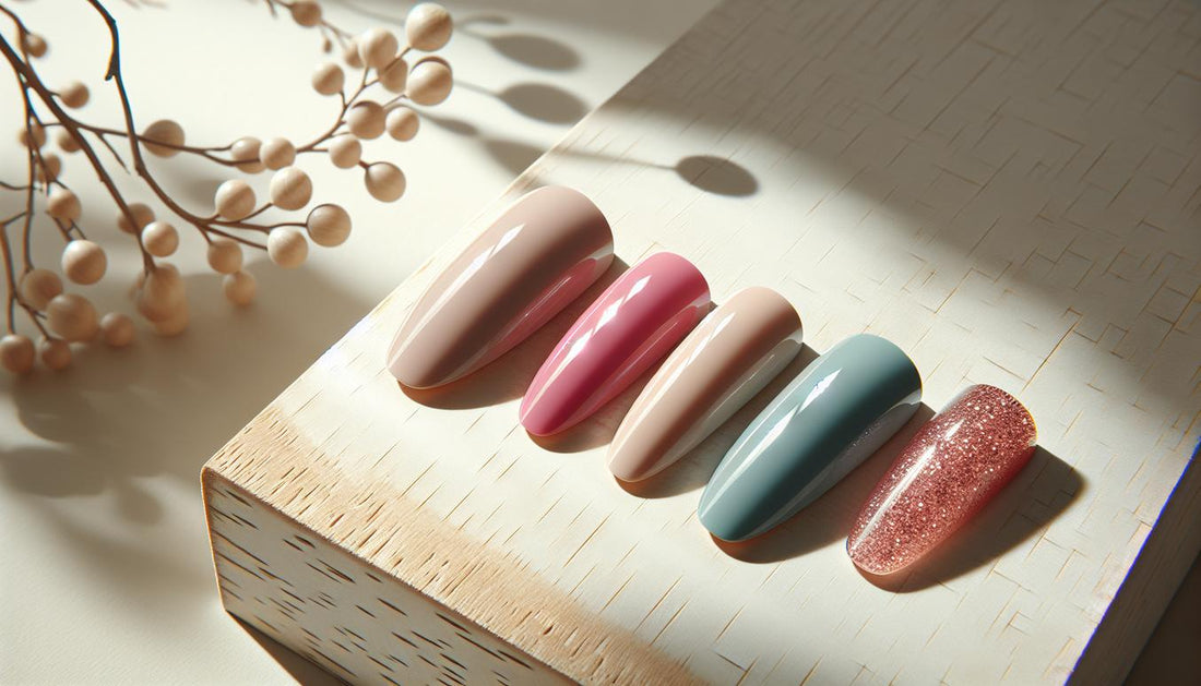Welche Farbe passt zu pinken Nägeln? Nahaufnahme von fünf Gelnägeln in kräftigem Pink (#e684b4), Nude und Türkis, ein Nagel mit feinem Roségold-Glitter auf heller Birkenholzoberfläche, minimalistisch.