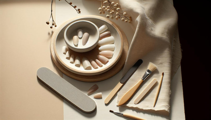 Ruhiges Flatlay mit vorgeformten Nageltips (oval, almond, squoval, coffin) auf hellem Holz, Feile, Pinsel, LED-Lampe im Hintergrund — Welche Fingernagelform ist modern?