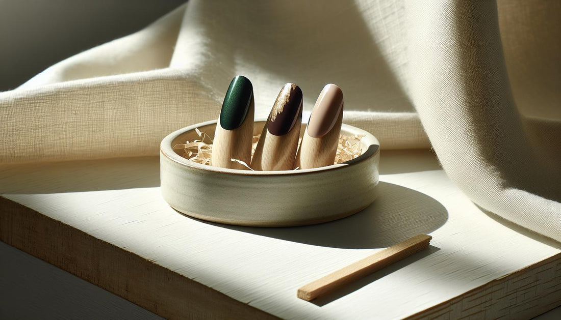 Drei Nageltips auf Steingutschale auf hellem Birkenholz: Smaragdgrün, feine Goldfolie, tiefes Burgunder im minimalistischen Morgenlicht. Welche Nagelfarbe zieht Geld an?