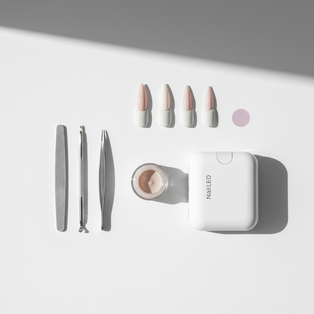 Minimalistisches Flatlay: Maniküre-Tools, Nagelspitzen in mandel, oval, squoval, coffin und stiletto, offene neutrale NailX-Gelpolitur und kompakte UV-LED-Lampe auf mattem Weiß. Welche Nagelform ist die eleganteste?