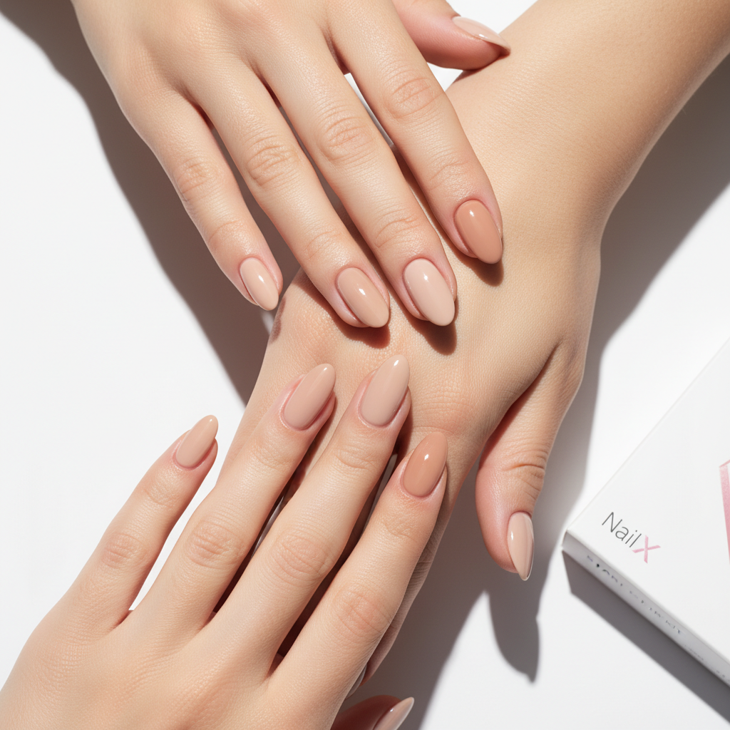 Nahaufnahme mehrerer Hände mit Oval-, Mandel- und Soft-Stiletto-Nagelformen in neutralen Tönen auf weißem Hintergrund – Welche Nagelform macht Hände schlanker
