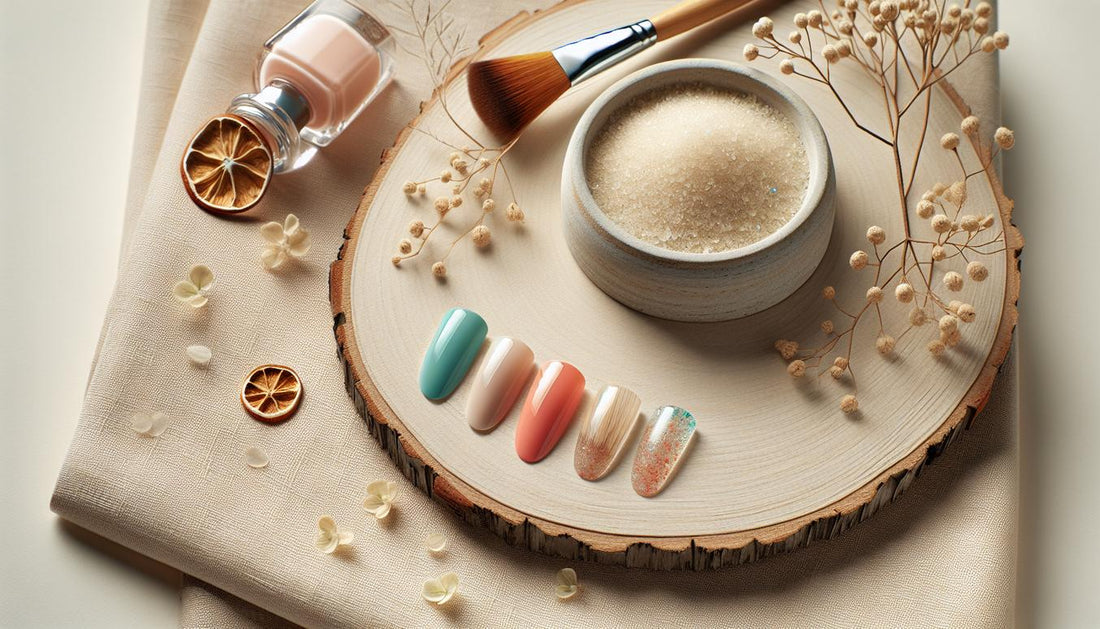 Welche Nagellackfarbe im Sommer für Füße? Drei künstliche Fußnägel in Koralle, Türkis und Nude auf Sand und Leinen, dezente Pink- und Schwarz-Akzente, minimalistisch hell.