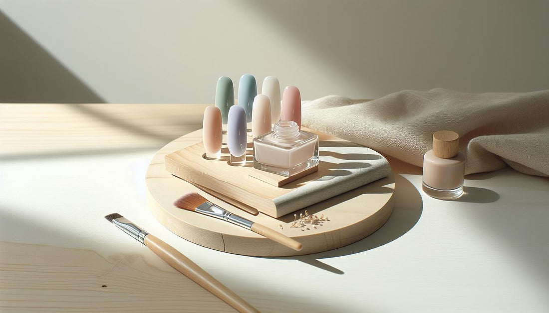 Welche Nagellackfarbe mögen Männer? Fächer aus fünf Gelnagel-Tips (Nude, Mint, Lavendel, Pfirsich) auf hellem Birkenholz, kleines Nagelöl-Fläschchen und feiner Pinsel.