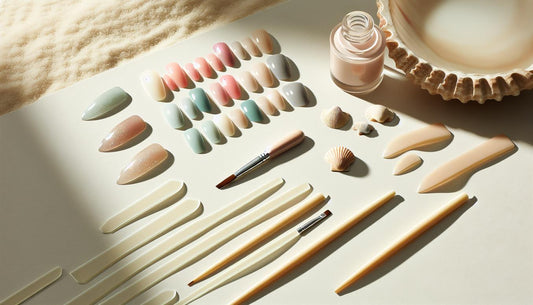Flatlay mit kurzen Gelnägeln in Pastellmint, Lavendel, Koralle und Nude auf hellem Muschel-Naturstein mit Pinsel, Farbproben und Top Coat – Welche Nagellackfarbe trägt man im Sommer