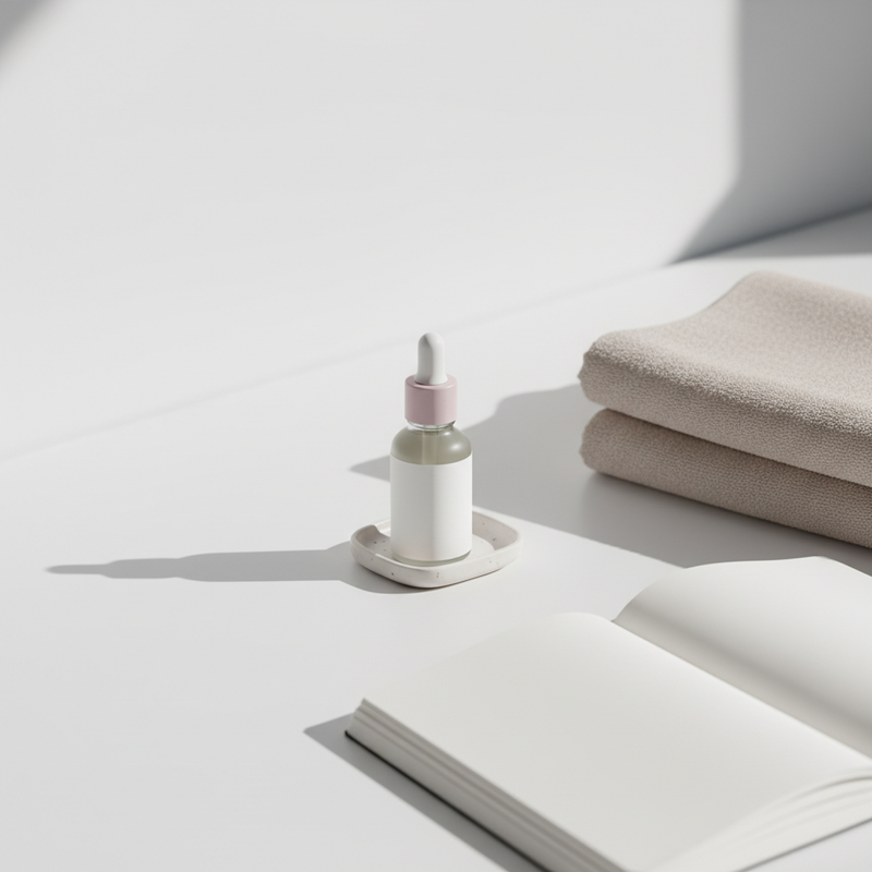 Nahaufnahme minimalistischer Schminktisch mit Nagelhautöl, Handtuch und Notizbuch in Pastelltönen – zeigt dezent, welchen Mangel zeigen Fingernägel