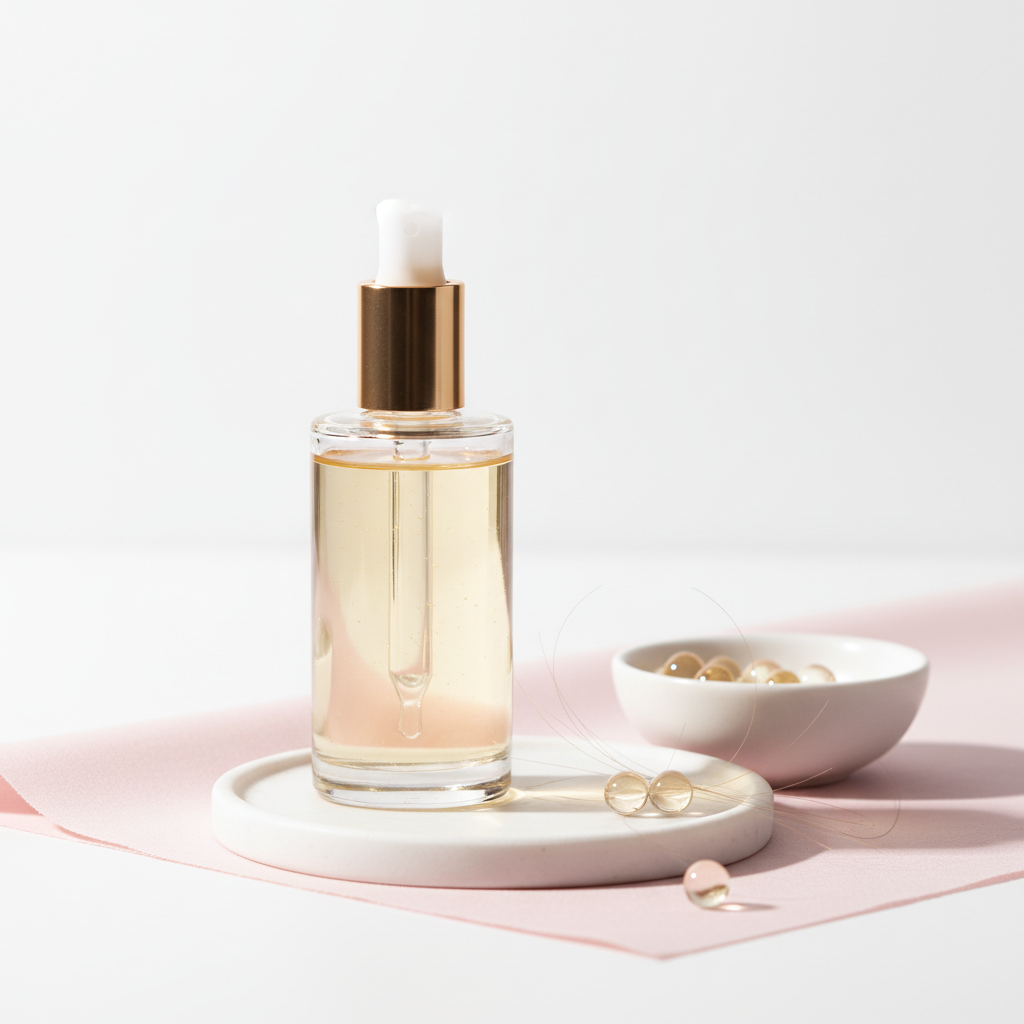 Still‑Life mit offener Glasflasche Pflegeöl, Schale mit Argan‑ und Jojoba‑Kügelchen und Haarsprossen auf weißem Hintergrund. Welcher Hormonmangel verursacht trockenes, brüchiges Haar?