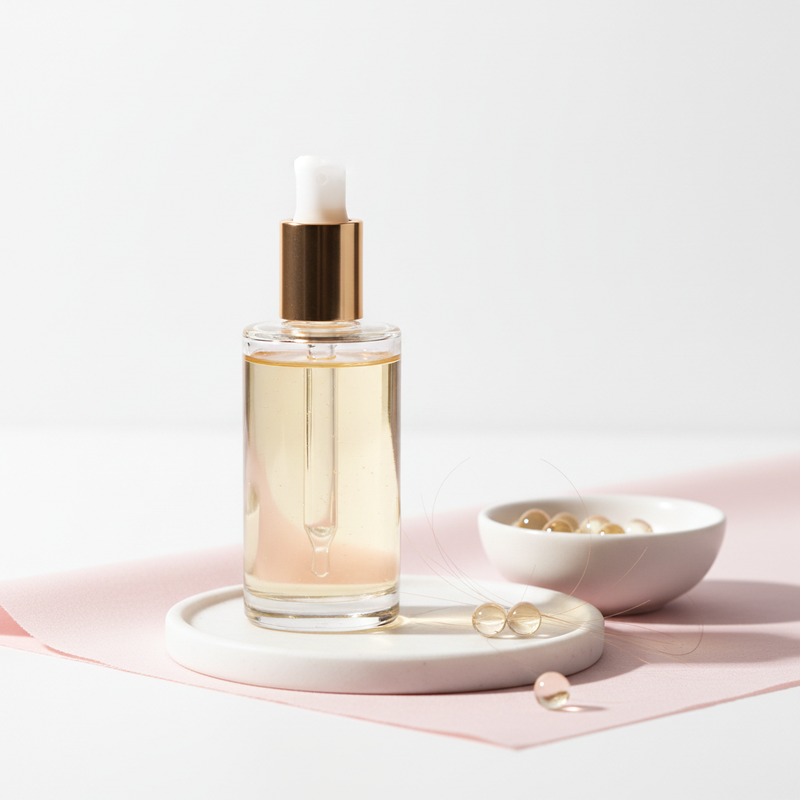 Still‑Life mit offener Glasflasche Pflegeöl, Schale mit Argan‑ und Jojoba‑Kügelchen und Haarsprossen auf weißem Hintergrund. Welcher Hormonmangel verursacht trockenes, brüchiges Haar?
