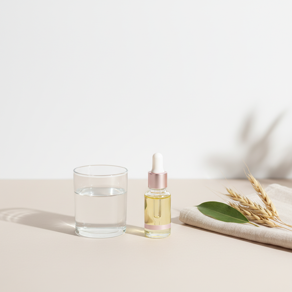Minimalistisches Full-Frame-Foto eines Schminktisches mit offenem Glas, NailX Nagelöl-Fläschchen, Stofftuch, Blatt und Haferzweig – Welcher Nährstoff fehlt bei brüchigen Nägeln?