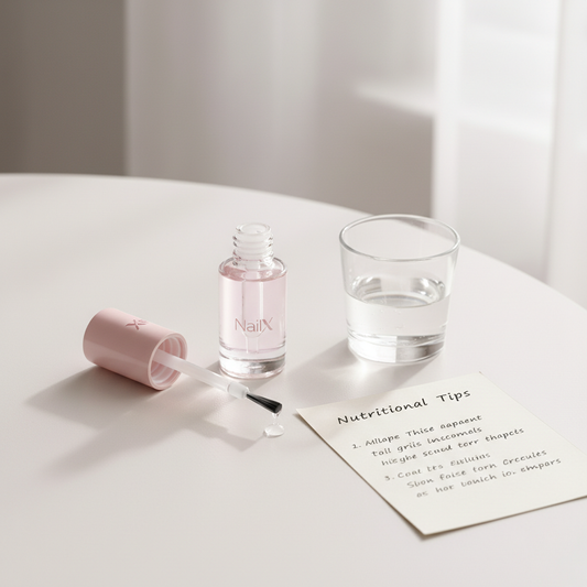 Minimalistisches Stillleben mit geöffnetem Glasfläschchen Nagelöl, Pinsel, Wasserglas und Notiz mit Ernährungstipps – welcher Nährstoff stärkt die Nägel