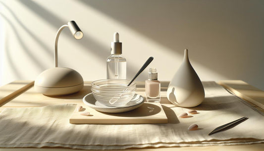 Nahaufnahme einer Jojoba-Ölflasche mit Tropfen auf heller Birkenholzoberfläche und dampfendem Fußbad-Schälchen, minimalistisch, nagelöl zehennagel.