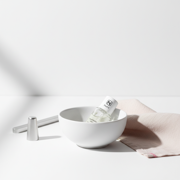 Helle Badezimmer‑Nahaufnahme: weiße Keramikschale mit Glasflasche klarem Pflegeöl, pastellrosa Tuch und Nagelfeilenhalter — Welches Protein macht Nägel hart?