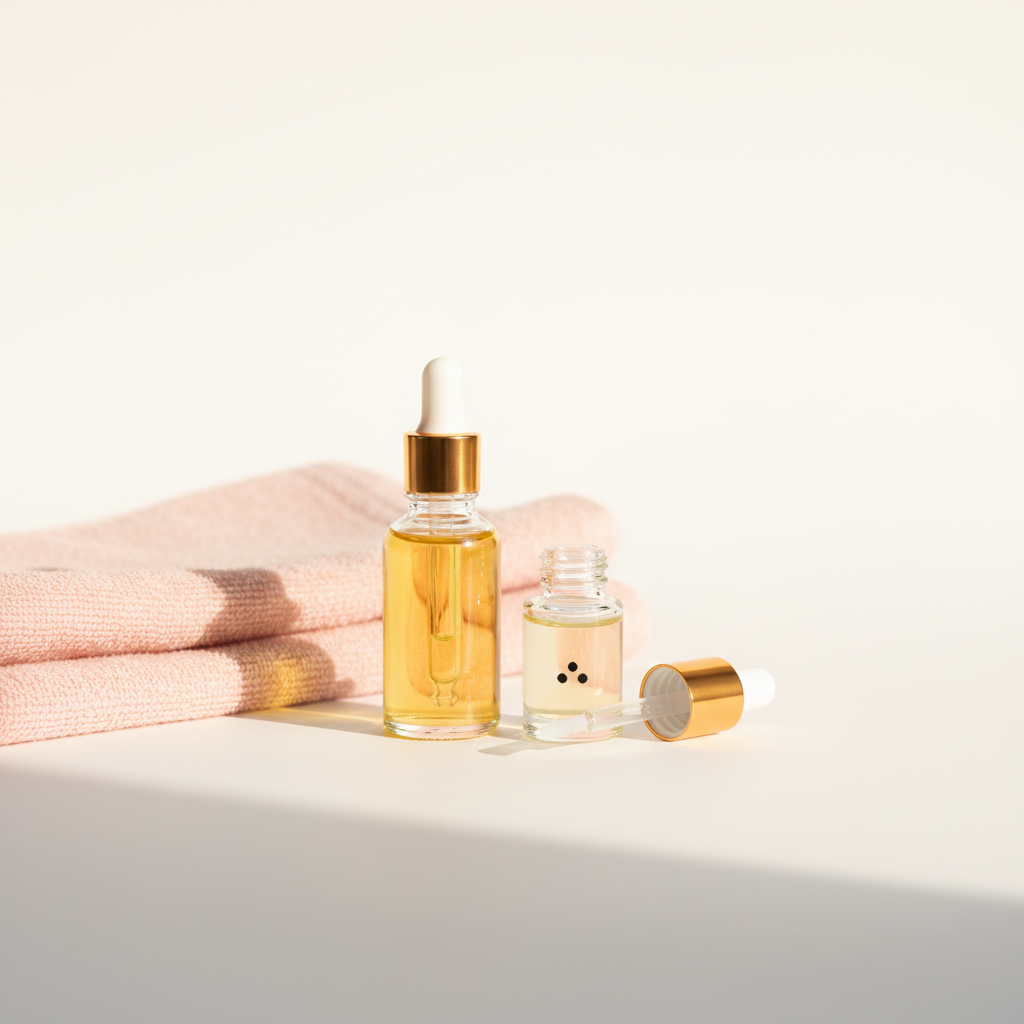 Stillleben mit Jojobaöl-Glas, geöffnetem Nagelhaut-Öl und pastellrosa Handtuch (#f57fb6) auf weißer Fläche im Morgenlicht – Welches Vitamin fehlt bei brüchigen Nägeln?