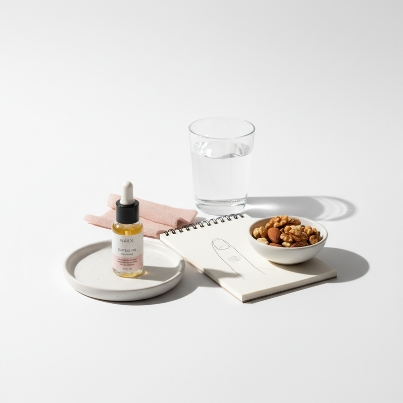 Heller Tisch mit Nagelhautöl auf Keramik, Schale Nüsse, Glas Wasser und Notizblock mit Finger-Skizze – Welches Vitamin fehlt, wenn Nägel nicht wachsen?