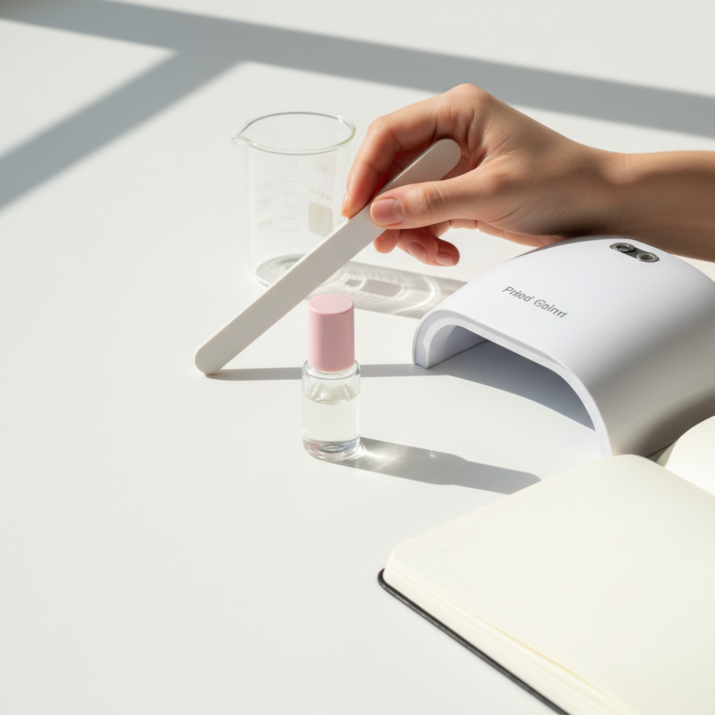 Minimalistisches Stillleben mit NailX Pflege-Setup: Nagelöl, UV-Lampe, offenes Notizbuch und Hand mit Nagelfeile – Fokus auf wellige Fingernägel
