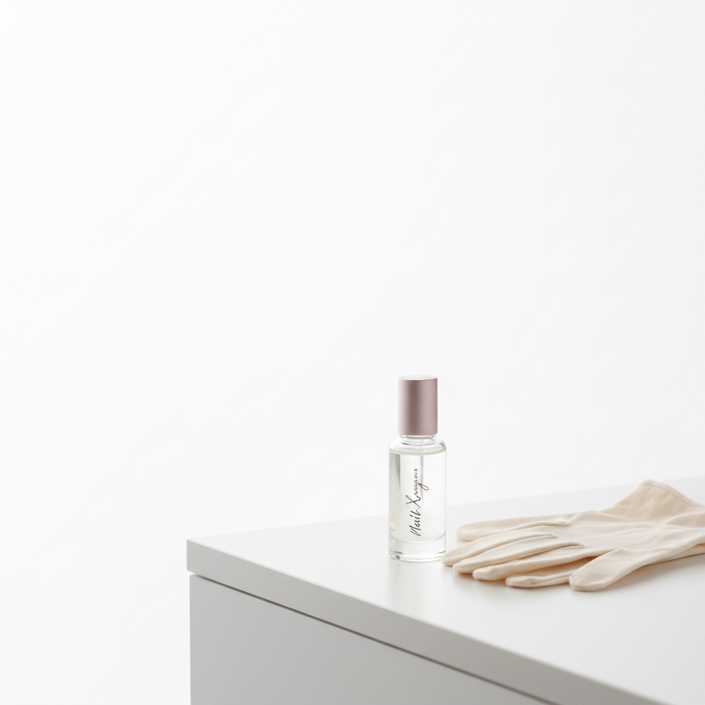 Wie bekommt man Fingernägel weich? Minimalistische Nahaufnahme einer weißen Vanity mit NailX Nagelöl im Glasflakon und gefaltetem Baumwollhandschuh vor weißem Hintergrund.