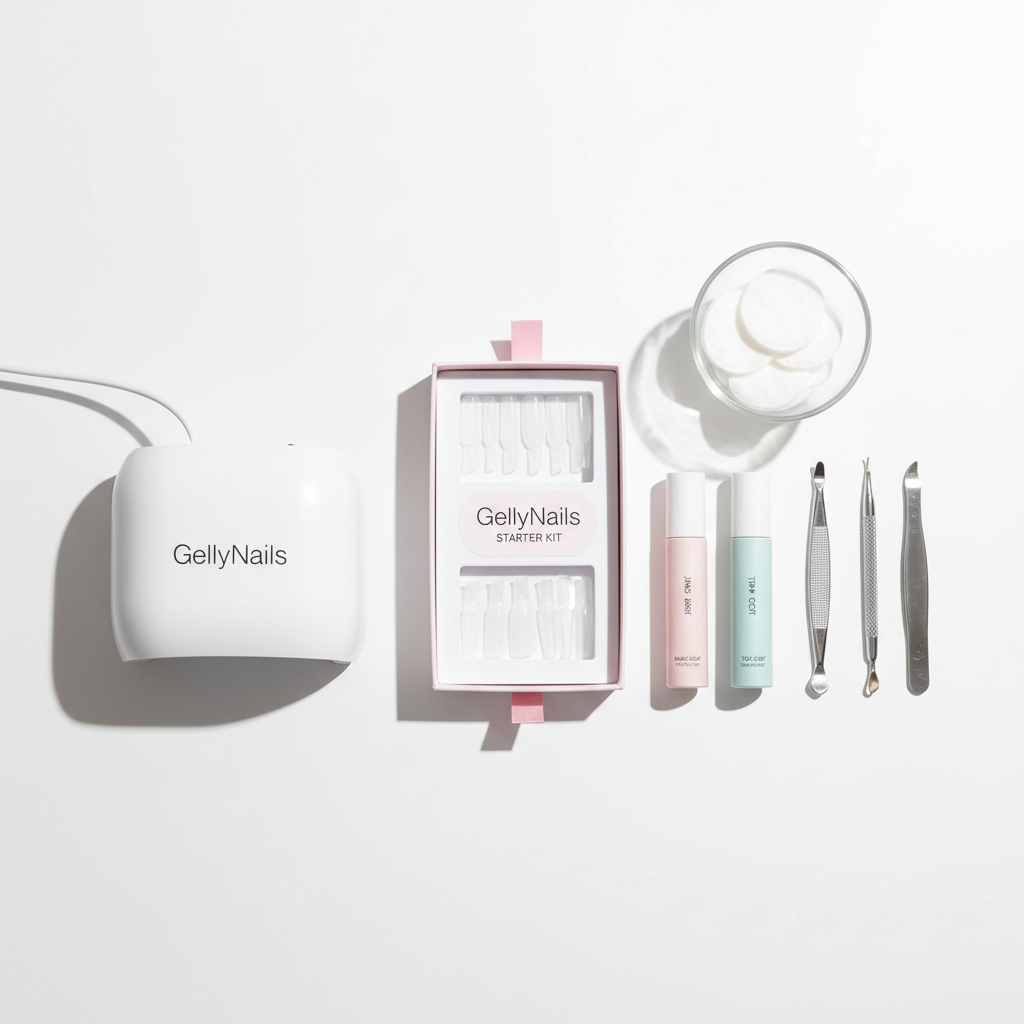 Wie mache ich Gel Nägel zu Hause? Minimalistisches Flatlay eines aufgeräumten Maniküre‑Arbeitsplatzes mit LED‑Lampe, offenem GellyNails‑Kit, Base/Top‑Coat, Wattepads und Metallwerkzeugen auf weißem Hintergrund.