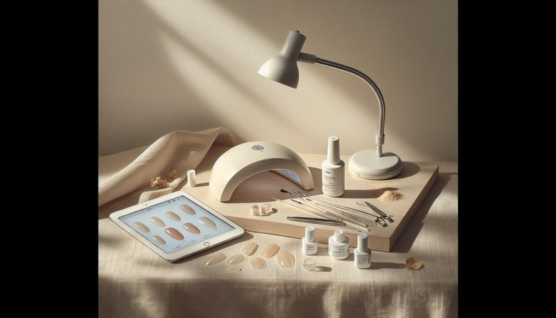 Gel‑Starterkit auf hellem Birkenholz: UV‑LED‑Lampe, Base‑ und Top‑Gel‑Fläschchen, verschiedene Soft‑Gel‑Tips und offenes Tutorial im Hintergrund, dezente Pink‑ und Schwarz‑Akzente. Wie sehen Fingernägel im Alter aus?