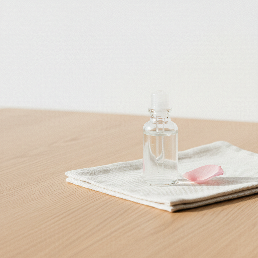 Nahaufnahme einer minimalistischen Szene mit Nagelhautöl-Flasche auf Holztisch, weiß-beigem Tuch und zartem Blütenblatt — Wie sehen Nägel bei Eisenmangel aus