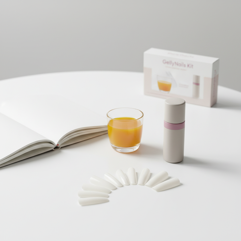 Minimalistische Full-Frame-Studioaufnahme: mattweißer Tisch mit offenem Notizbuch, Glas Orangensaft, pastellfarbene Nagelpflege-Flasche und pre-buffed Nageltips – wie sehen nägel bei eisenmangel aus