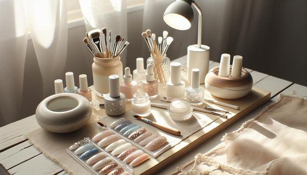 Flatlay mit LED‑Lampe, offenen Glastiegeln, Nailart‑Pinseln, frostigen Pastell‑ und Jewel‑Swatches, Tannenzapfen und feinem Silberfaden – Winter Gelnägel, minimalistisch