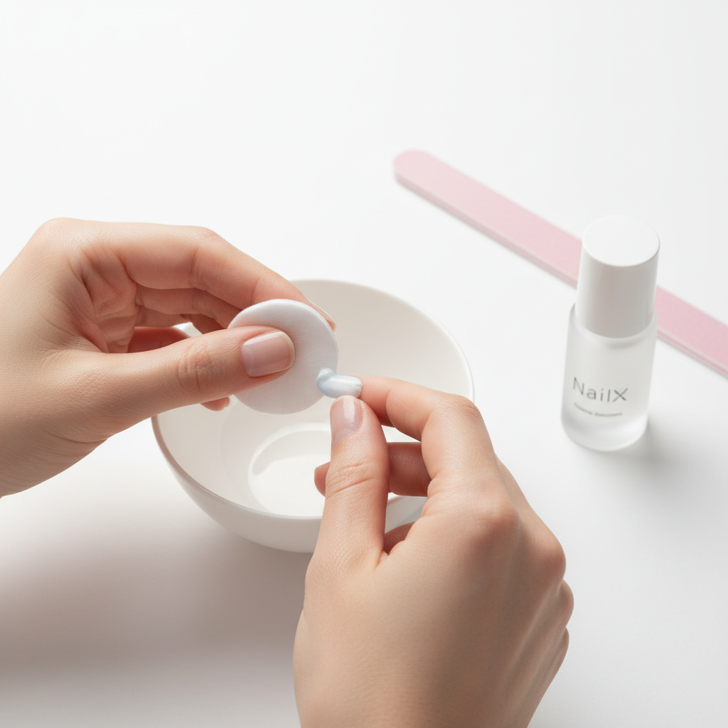 Hände entfernen Nagellack mit Zahnpasta und Wattepad neben minimalistischer NailX-Flasche auf weißem Hintergrund – Zahnpasta Nägel entfernen