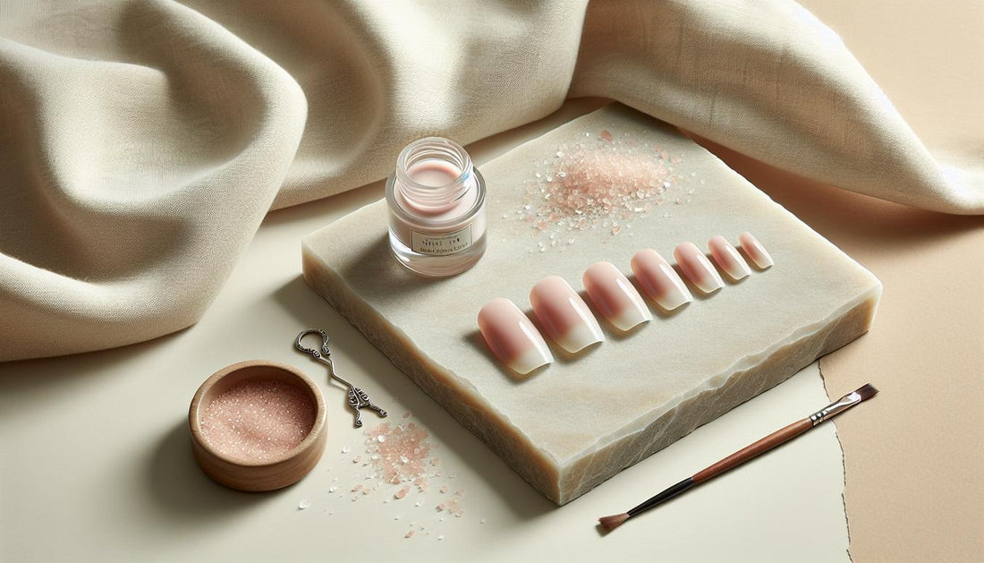 Künstliche Zehennägel in Rosé-Nude mit feinem Glitzer auf hellem Naturstein mit Sand und beigem Leinentuch, zehennägel sommerfarben